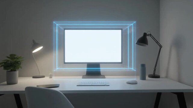 Futuristic glowing digital interface on blank computer screen in modern minimalist workspace with