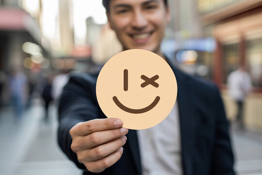 Smiling man in a suit holds a winking emoji sign in a busy city street conveying a playful and positive message with a modern and approachable style for social media marketing campaigns - Powered by Adobe