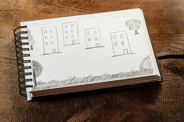 hand-painted sketch of modern buildings, concept for architecture