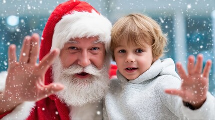 Santa claus with caucasian elderly man and young boy enjoying snowy christmas