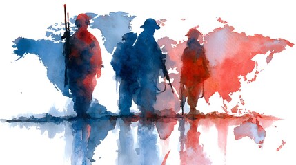 Silhouettes of armed figures stand against a backdrop of a world map rendered in contrasting colors