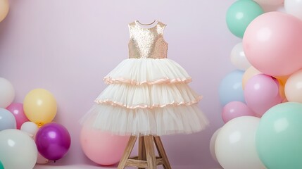 Sleeveless party frock with sequin details a fitted bodice and a multi tiered chiffon skirt set on a wooden stand surrounded by pastel balloons for a festive look