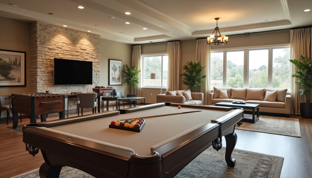 Modern game room features pool table, foosball, and lounge area. Large windows offer natural light and scenic views. Perfect for recreation and social gatherings, family fun or resident leisure.
