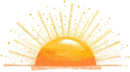Hand drawn rising sun illustration with sparkling rays emerges above a horizon line
