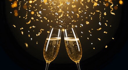 Champagne glasses clinking with golden confetti falling, symbolizing celebration and success with a dark background, perfect for festive occasions