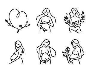 Illustration Pregnant woman silhouettes set, maternity, pregnancy, motherhood concept. Outline Infants Doodle icons drawing, Symbol Mothers with newborns Line art. Moms and Babies Love Collection