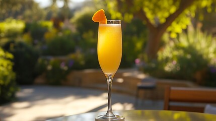 Slender flute glass with a golden hued mimosa garnished with an orange twist set on a patio table with sunlight streaming in and a garden scene in the distance