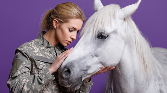 Caring female soldier and white horse against purple background