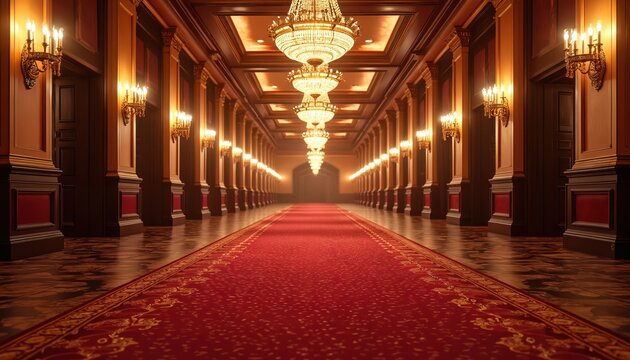 Luxurious corridor interior view in a casino resort. Chandeliers hang from the ceiling. The red carpet runs along space. Interior has columns and classic design. High end architecture. Opulence.