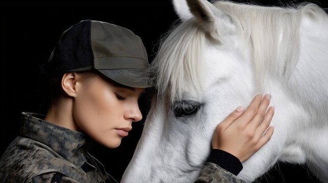 Young caucasian female soldier tenderly embracing white horse in camouflage attire - Powered by Adobe