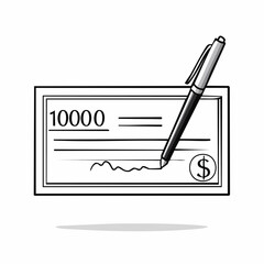 Un ch&egrave;que de 10000$, remplit et sign&eacute;, stylo visible sur l'image, noir et blanc, isol&eacute; sur un fond blanc  