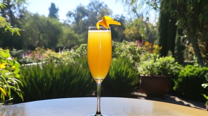 Slender flute glass with a golden hued mimosa garnished with an orange twist set on a patio table with sunlight streaming in and a garden scene in the distance
