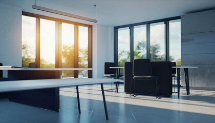 Modern office interior with large windows