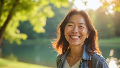 Happy asian woman over 50 smiles brightly near lake in green park. She appears joyful and relaxed, enjoying nature and a sunny day with a warm glow.