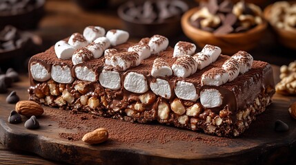 Slice of rocky road with gooey marshmallows crunchy nuts and chocolate chunks cut to show the rich texture placed on a rustic wooden board with a sprinkle of cocoa powder and chocolate chips
