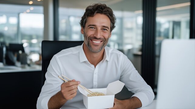 Caucasian male adult enjoying noodles in modern office setting - Powered by Adobe