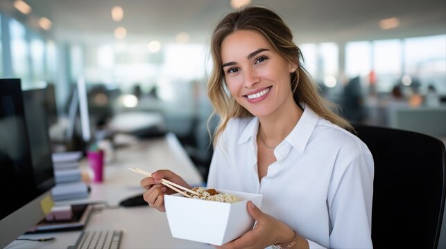 Young caucasian female eating noodles in modern office setting