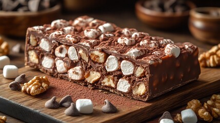 Slice of rocky road with gooey marshmallows crunchy nuts and chocolate chunks cut to show the rich texture placed on a rustic wooden board with a sprinkle of cocoa powder and chocolate chips