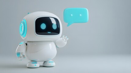 Cute futuristic digital assistant robot communicating with a glowing speech bubble