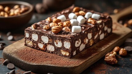 Slice of rocky road with gooey marshmallows crunchy nuts and chocolate chunks cut to show the rich texture placed on a rustic wooden board with a sprinkle of cocoa powder and chocolate chips