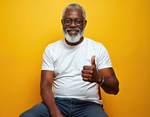 Elderly African american man with gray beard smiles wearing glasses, giving thumbs up gesture. He looks happy and healthy, seated against a bright yellow studio background.