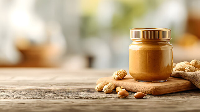 Creamy peanut butter in a jar with peanuts on a wooden board background