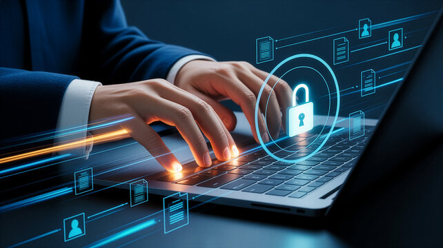 Close-up of a person's hands typing on a laptop with a digital lock icon. - Powered by Adobe