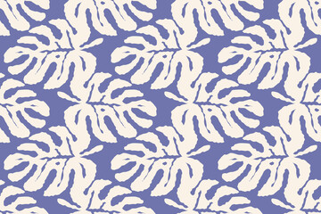 Seamless Monstera Leaf Pattern in Cream and Blue Tropical Style. Modern tropical design perfect for fabric prints, wallpapers, stationery, beachwear, and home decor. Ideal for summer, resort