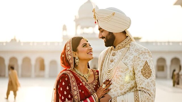 Indian Sikh couple share a loving smile in traditional wedding attire at Gurdwara