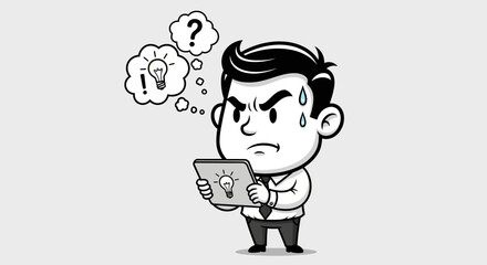 Cartoon man sweating while looking at a tablet with a lightbulb icon, thinking about ideas.