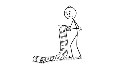 Cartoon stick man looking at a long bill with a worried expression.