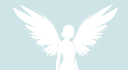 Silhouette of an angel with large wings on a light blue background.