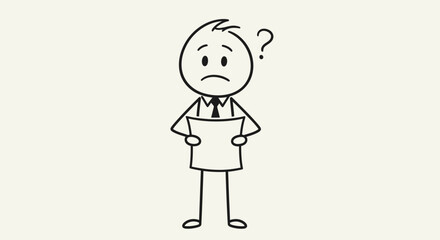 A stick figure businessman looking confused, holding a blank paper, with a question mark above his head.