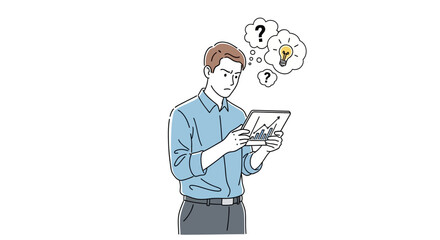 Man looking at tablet with questions and idea, thinking about a solution.