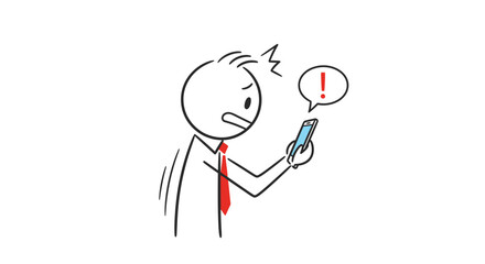 Stick figure businessman looking at phone with exclamation mark, frustrated.
