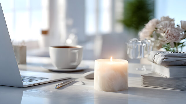 Cozy workspace with laptop candle coffee and flowers creating a peaceful ambiance