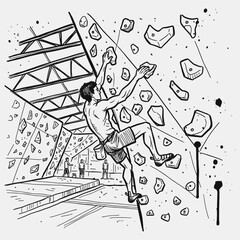 Naklejka premium man climbing a wall in a climbing gym, bouldering sketch
