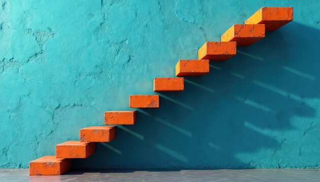 Orange stairs ascend against textured turquoise wall. Focus on upward movement and next level achievement. Represents progress toward goals and aspirations. Building blocks for future success.