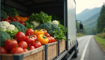 Delivery truck filled with fresh produce drives on rural road through mountainous region. Vegetables like tomatoes, broccoli, cauliflower, lettuce visible in wooden crates. Scene suggests