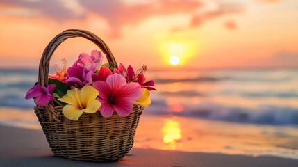 Traditional basket brimming with hibiscus lotus and exotic tropical flowers sitting on a sandy beach with gentle waves and a vibrant sunset in the distance