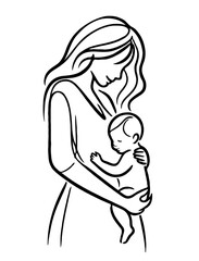 Illustration Pregnant woman silhouettes set, maternity, pregnancy, motherhood concept. Outline Infants Doodle icons drawing, Symbol Mothers with newborns Line art. Moms and Babies Love Collection