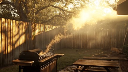 Traditional charcoal BBQ grill with smoky wisps rising placed in a rustic backyard with wooden fencing and a picnic table under the warm light of a setting sun