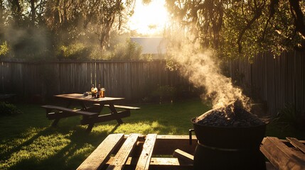 Traditional charcoal BBQ grill with smoky wisps rising placed in a rustic backyard with wooden fencing and a picnic table under the warm light of a setting sun