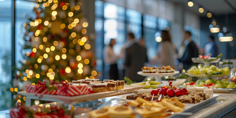 Corporate Christmas celebration in a modern office with a beautifully decorated dessert table. Assorted festive sweets and holiday pastries with blurred employees socializing near a Christmas tree