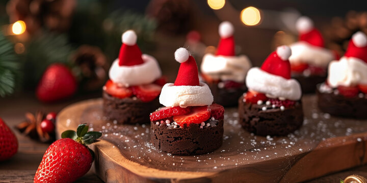 Festive holiday dessert featuring mini chocolate brownies topped with sliced strawberries and whipped cream, styled to resemble Santa hats.