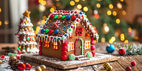 Obraz premium Festive gingerbread house decorated with colorful candies, frosting, and peppermint sticks, placed on a wooden table with Christmas lights glowing in the background.