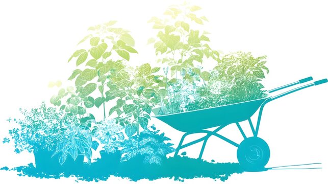 Freshly cultivated garden foliage fills a single wheeled transport device with vibrant color gradients