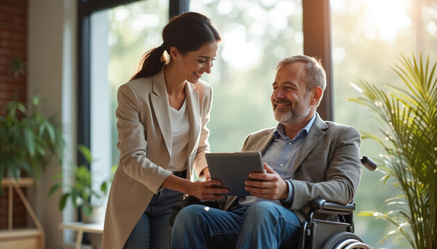 Business woman and man in wheelchair share tablet computer. Colleagues talk smiling in bright office near big window. Teamwork builds positive office culture.
