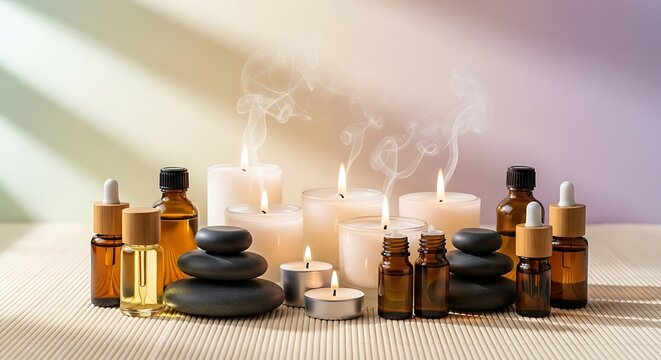 Spa wellness: essential oils, candles, and stones for relaxation