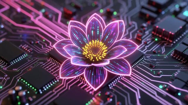 Futuristic glowing lotus flower blooming on a complex circuit board with neon pink light streams